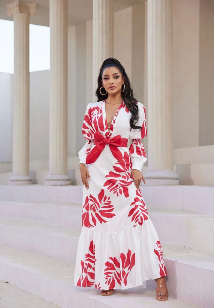 VESTIDO BLANCO ESTAMPADO FLOR ROJAS