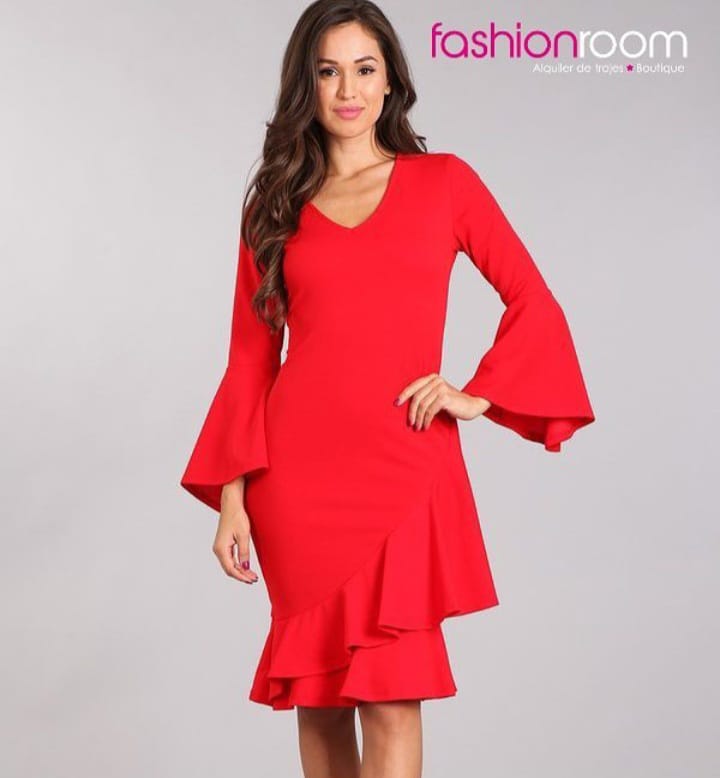 VESTIDO COCTAIL ROJO MANGAS Y FALDA DE VUELO