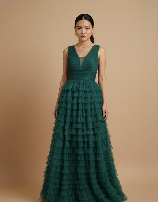 VESTIDO VERDE VOLANTES CAPAZ TULL