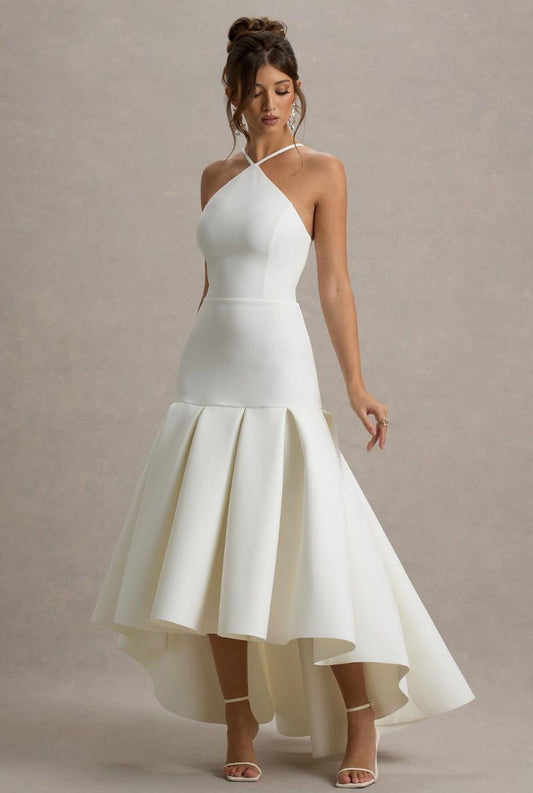 VESTIDO BLANCO HALTER CON FALDA ALTA-BAJA