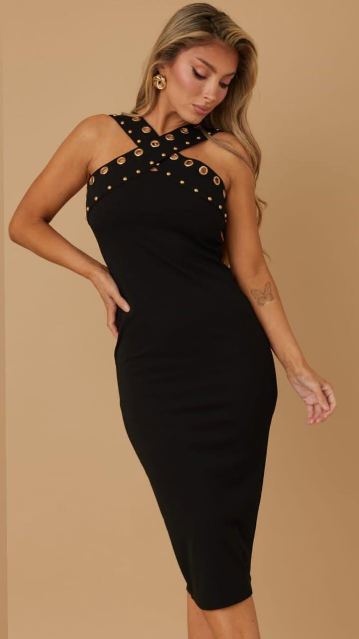 VESTIDO NEGRO CRUZADO CON BOTONES DORADOS