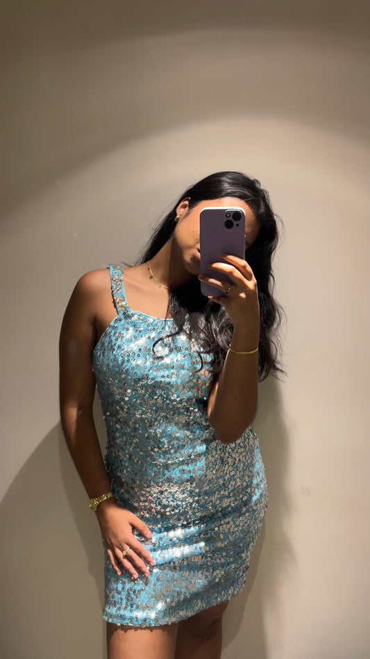 VESTIDO BRILLO CORTO CELESTE
