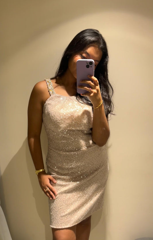 VESTIDO CORTO DE BRILLO ROSEGOLD