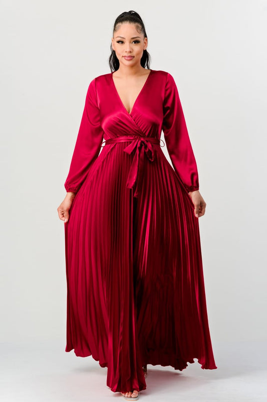 VESTIDO LARGO PLIZADO VINO TINTO
