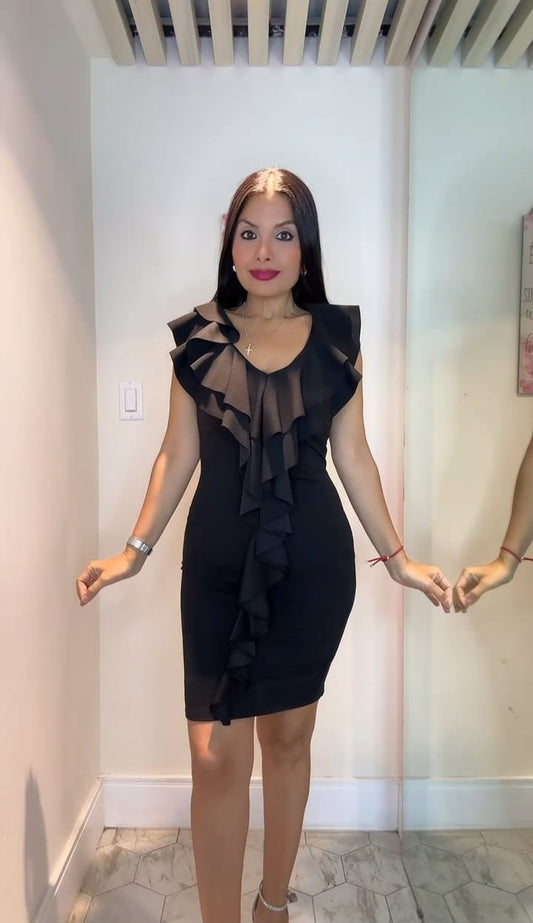 TRAJE COCTAIL NEGRO RUCHAS VERTICAL