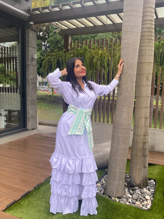 VESTIDO LARGO MANGAS LARGA CINTURON BLANCO