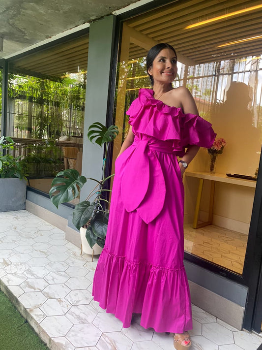 VESTIDO LARGO ONESHOULDER FUCSIA