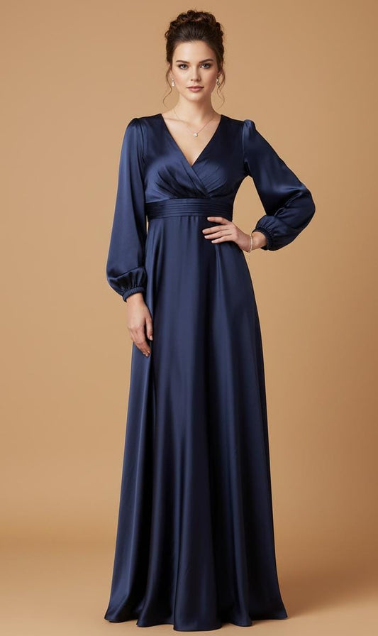 VESTIDO LARGO ABERTURA PIERNA AZUL NAVY MANGA LARGA