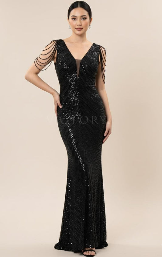 VESTIDO NEGRO LARGO CORTE SIRENA BRILLO ESCOTE V