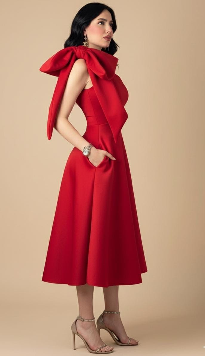 VESTIDO ROJO MIDI CON LAZO EN UN HOMBRO