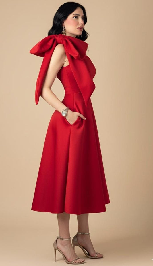 VESTIDO ROJO MIDI CON LAZO EN UN HOMBRO