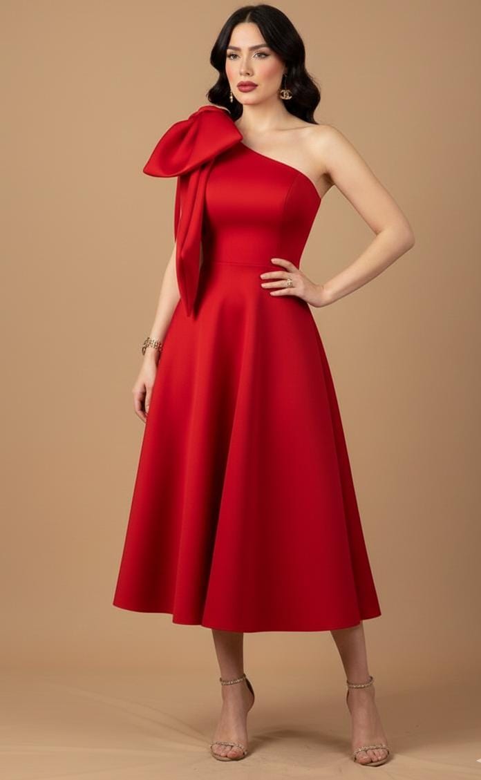 VESTIDO ROJO MIDI CON LAZO EN UN HOMBRO